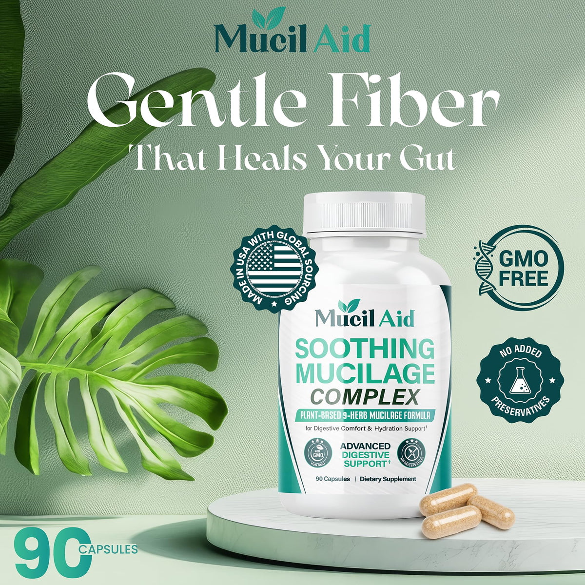 Mucil Aid Digestive Support Capsules 90 Count - Soothing Plant Mucilage Complex for GERD, Leaky Guts, Gentle Prebiotic, Mucosal Support, IBS - 2000mg with Slippery Elm & Marshmallow Root