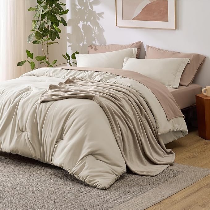 Bedsure King Comforter Set Beige, 8 Pieces Prewashed King Size Bed in a Bag with Soft Fleece Bed Blanket, Down Alternative Bedding Set for All Seasons, Sheets, Pillowcases & Shams