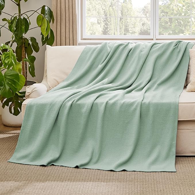 Bedsure 100% Cotton Blanket Twin XL Size for Bed - Breathable and Lightweight, Soft Cozy Textured Herringbone Woven Blanket for Summer Spring, Sage Green, 66x90 inches