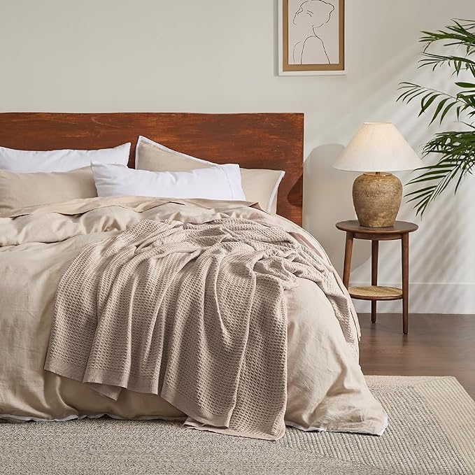 Bedsure 100% Cotton Blanket Twin XL Size for Bed - Breathable and Soft, Waffle Weave Blanket for Summer Spring, Tan, 66x90 inches