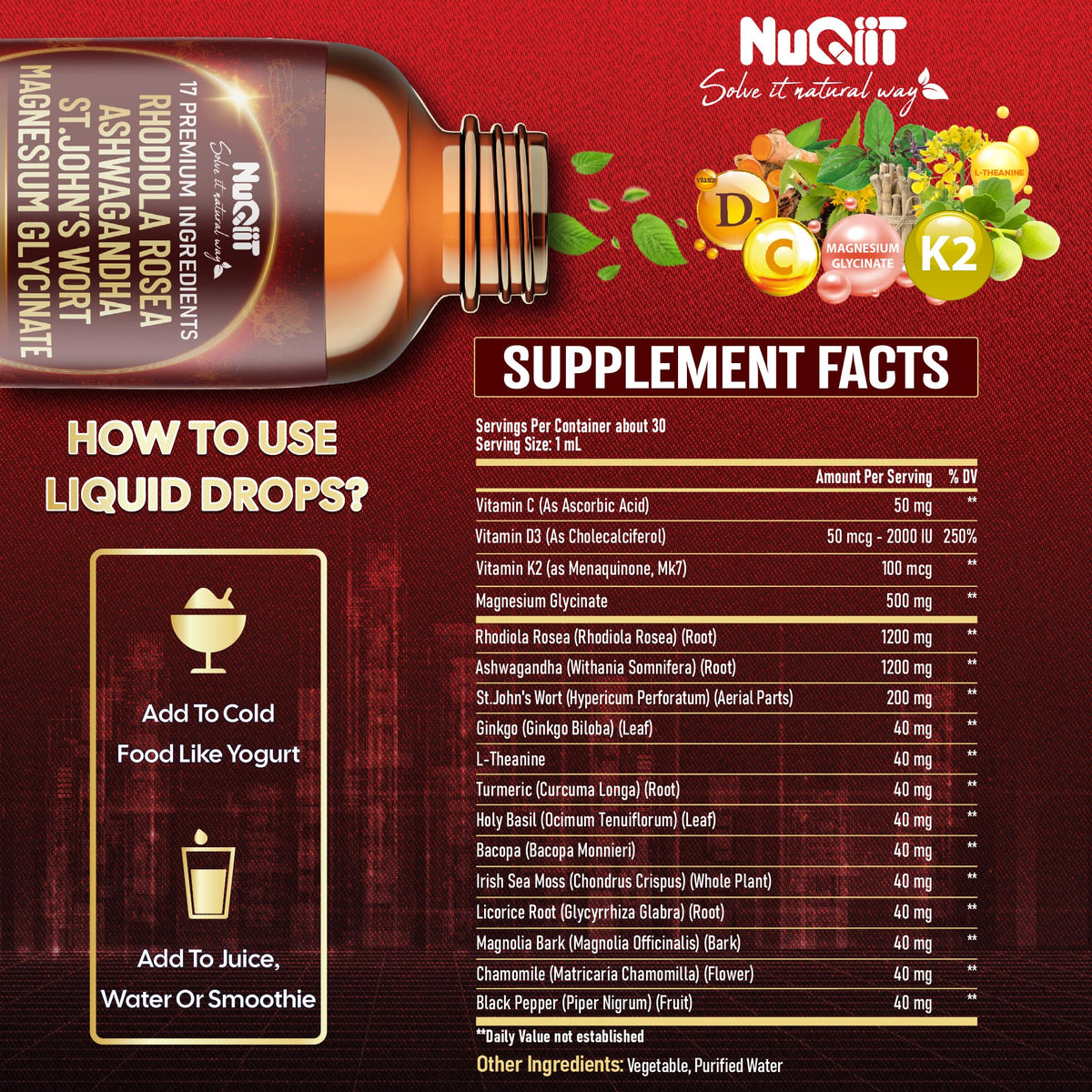 NUQIIT 17in1 Rhodiola Rosea Liquid Drops Tincture w/Ashwagandha Magnesium, L-Theanine. Ultra Rhodiola Cortisol Supplement, Rhodiola Root for Mood, Energy - 1 FL Oz - 60 Day Supply