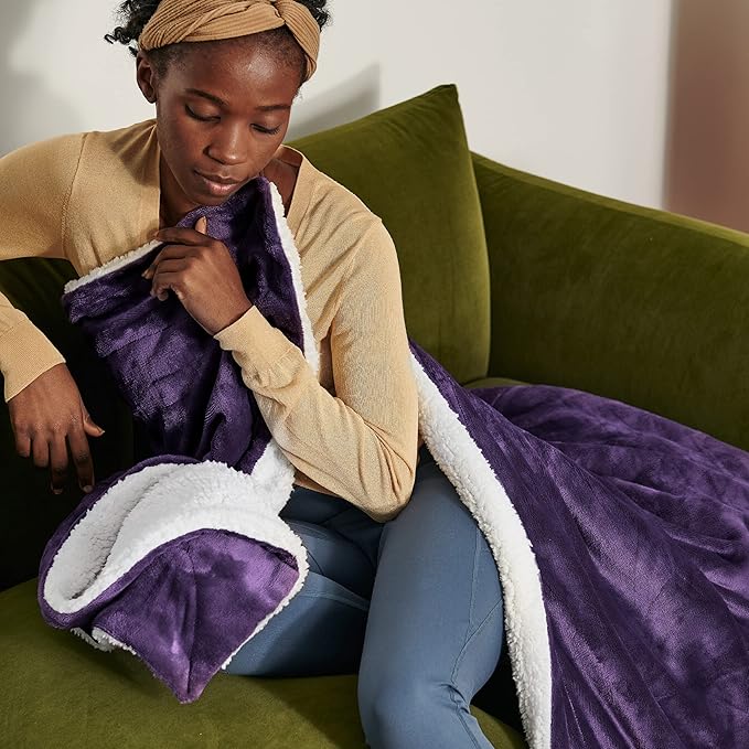 Bedsure Sherpa Fleece Blankets Queen Size for Bed - Thick and Warm, Soft Fuzzy Plush Queen Blanket for Winter, Purple, 90x90 Inches