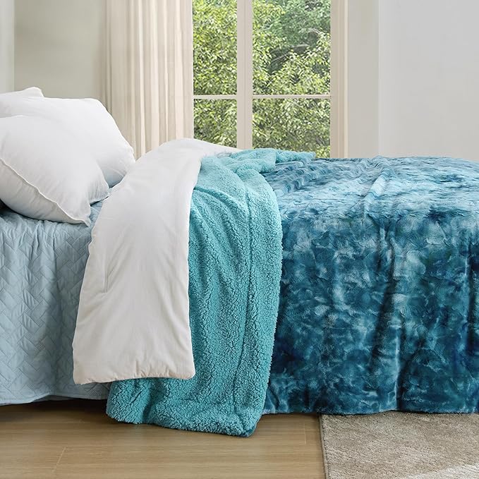 Bedsure Sherpa Blanket Queen Size - Soft, Fuzzy & Fluffy Faux Fur - Warm, Cozy Blanket for Couch, Sofa and Bed, Tie Dye Design, Teal, 90x90 Inches