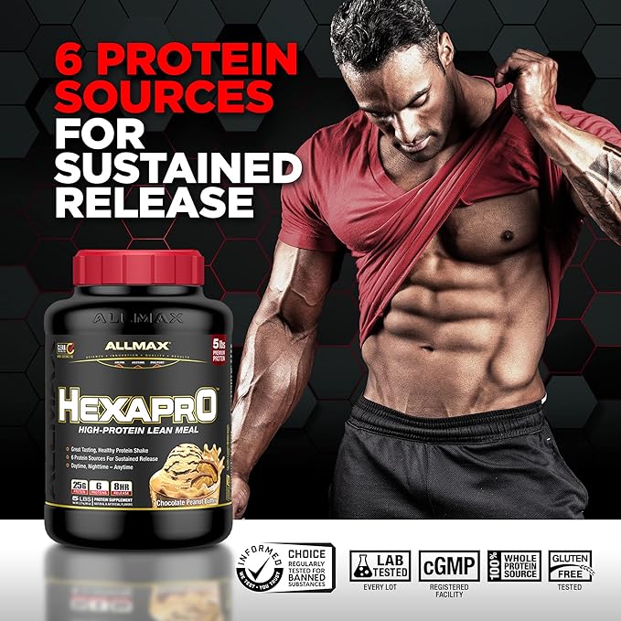 ALLMAX HEXAPRO, Chocolate Peanut Butter - 5 lb - 25 Grams of Protein Per Serving - 8-Hour Sustained Release - Zero Sugar - 52 Servings