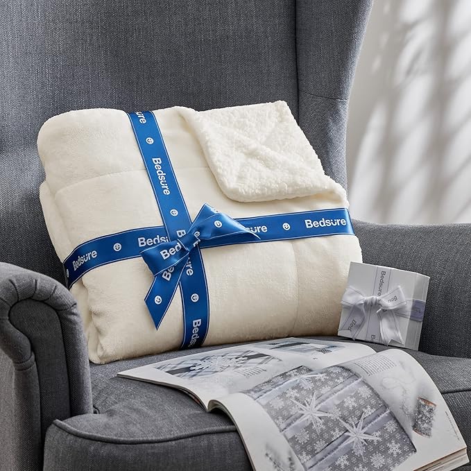 Bedsure Sherpa Fleece Throw Blanket Twin Size for Couch - Thick and Warm, Soft Fuzzy Plush Twin Blanket for Winter, Cream, 60x80 Inches