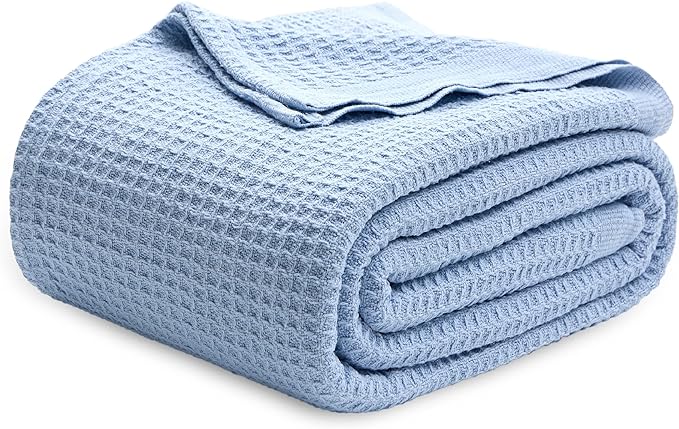Bedsure 100% Cotton Blanket King Size for Bed - Breathable and Soft, Waffle Weave Blanket for Summer Spring, Sky Blue, 104x90 inches