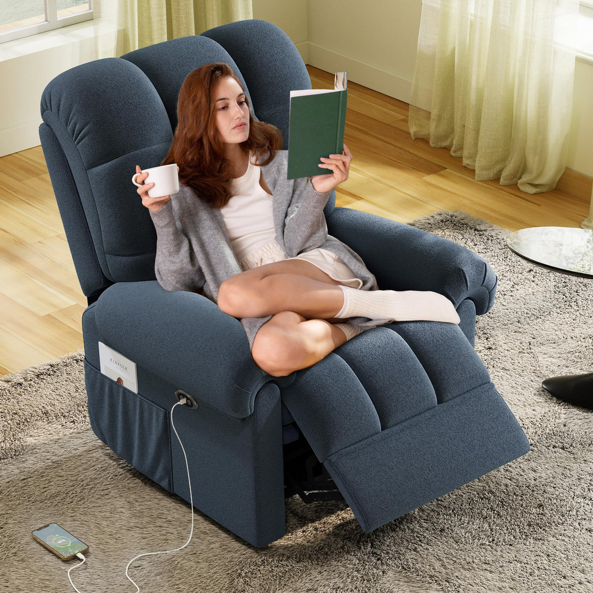 Welzona Updated Power Recliner Chair, Adjustable Electric Recliner Chair for Adults, Ultra-Comfy Teddy Fleece Recliner Chair for Small Space, Tool-Free Assembly, 2 Side Pockets and USB Port, Blue Gray