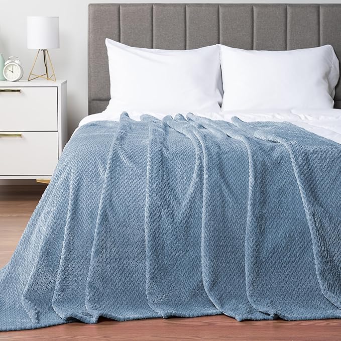 PAVILIA Soft Fleece Dusty Blue Throw Blanket for Couch, Lightweight Plush Warm Blankets for Bed, Fuzzy Cozy Flannel Blanket Throw for Sofa, Travel, Jacquard Pattern, Dusty Blue, Twin, 60x80 inch