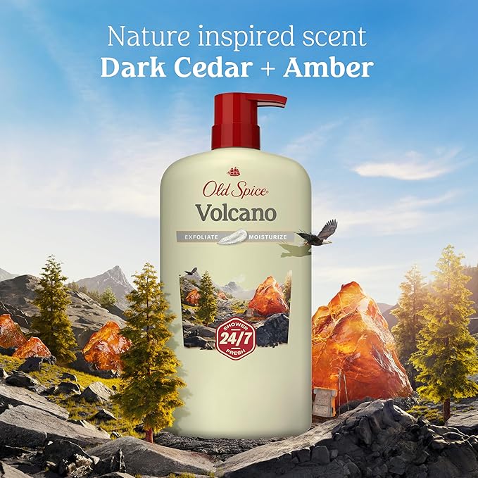 Old Spice Cleansing Body Wash for Men, 24/7 Shower Fresh with Lasting Scent, Exfoliate & Moisture, Gentle on Skin, Vitamin B3, Volcano with Dark Cedar + Amber Scent, 30 oz