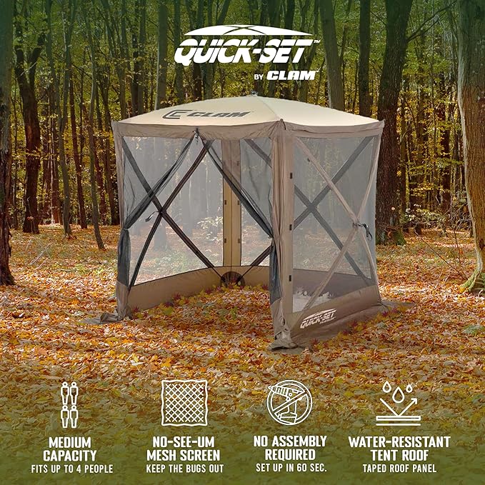 CLAM Quick Set Traveler 6 by 6 Foot Portable Pop Up Outdoor Camping Gazebo Screen Tent 4 Sided Canopy Shelter with Carry Bag and Wind Panel, Brown