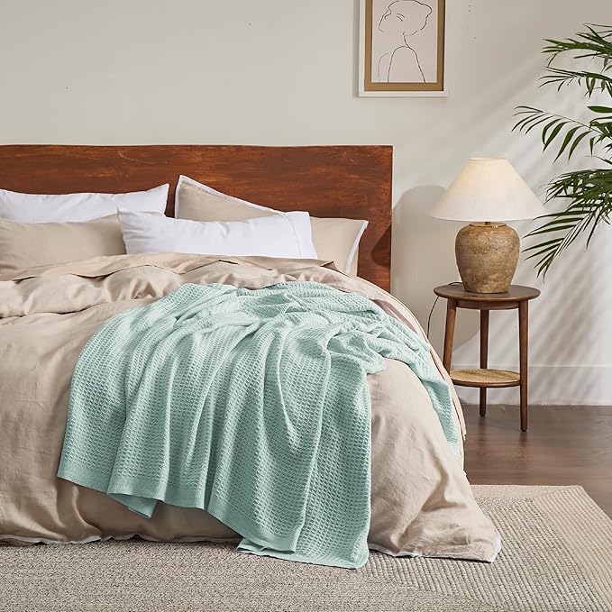 Bedsure 100% Cotton Blanket Queen Size for Bed - Breathable and Soft, Waffle Weave Blanket for Summer Spring, Mint, 90x90 Inches