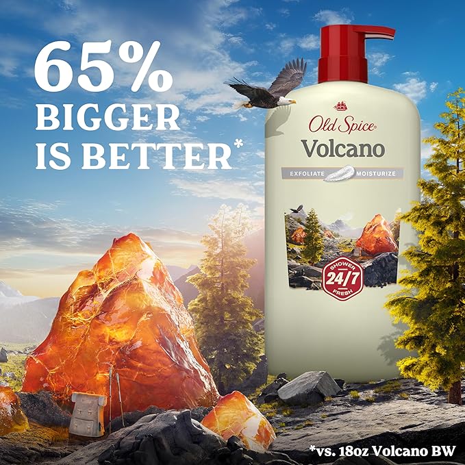 Old Spice Cleansing Body Wash for Men, 24/7 Shower Fresh with Lasting Scent, Exfoliate & Moisture, Gentle on Skin, Vitamin B3, Volcano with Dark Cedar + Amber Scent, 30 oz