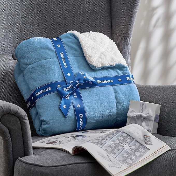 Bedsure Sherpa Fleece Throw Blanket Twin Size for Couch - Thick and Warm, Soft Fuzzy Plush Twin Blanket for Winter, Washed Blue, 60x80 Inches