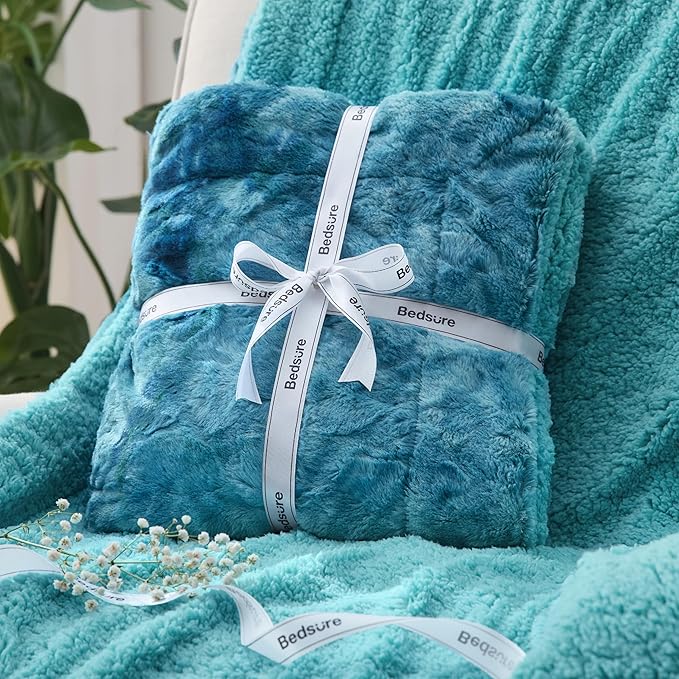 Bedsure Sherpa Blanket King Size - Soft, Fuzzy & Fluffy Faux Fur - Warm, Cozy Blanket for Couch, Sofa and Bed, Tie Dye Design, Teal,108x90 Inches