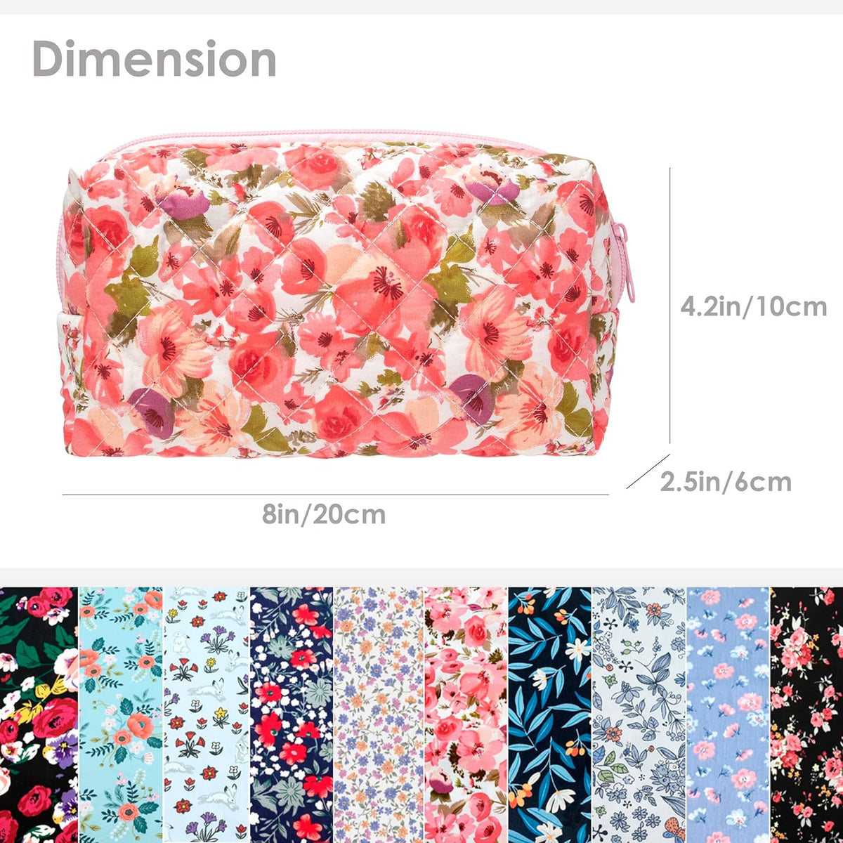 PAZIMIIK Vintage Quilted Makeup Bag Cosmetic Pouch for Brushes Pencils and Travel Make Up Accessories for Women and Girls,Flower Pink