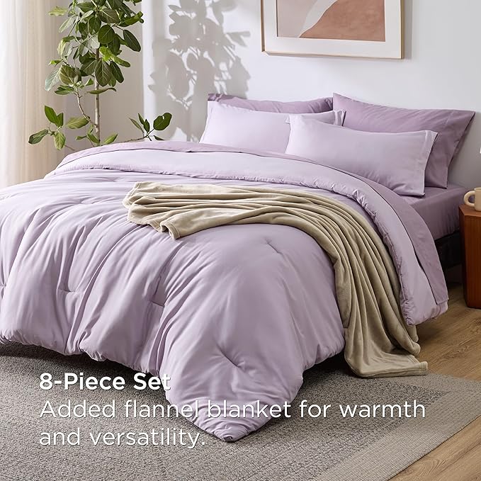 Bedsure Full Comforter Set Grayish Purple, 8 Pieces Prewashed Full Size Bed in a Bag with Soft Fleece Bed Blanket, Down Alternative Bedding Set for All Seasons, Sheets, Pillowcases & Shams