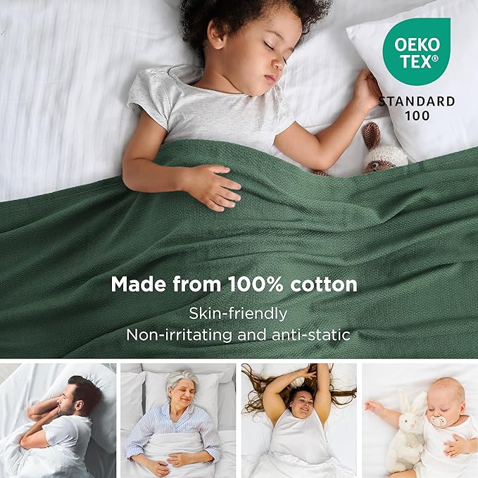 Bedsure 100% Cotton Large Throw Blanket for Couch 50x70 inches - Breathable and Lightweight, Soft Cozy Herringbone Woven Blanket for Summer Spring, Dark Green