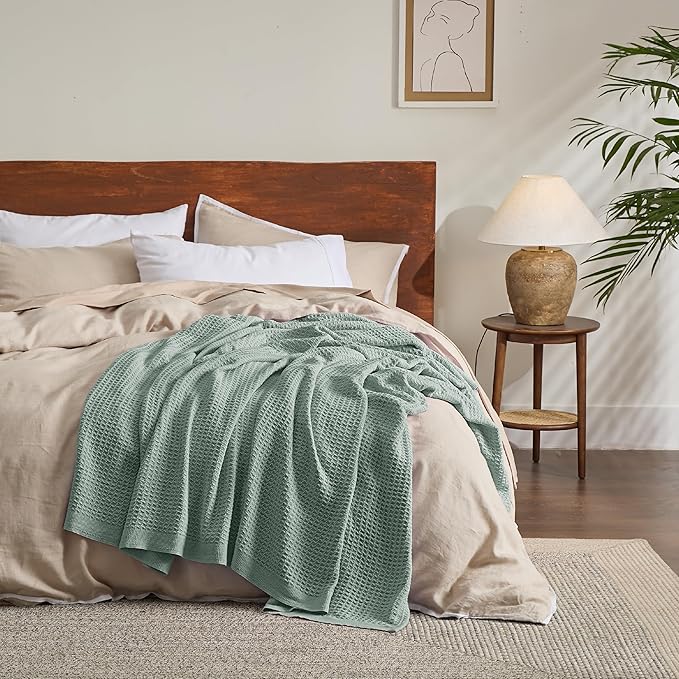 Bedsure 100% Cotton Blanket Twin XL Size for Bed - Breathable and Soft, Waffle Weave Blanket for Summer Spring, Sage Green, 66x90 inches