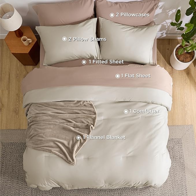 Bedsure Twin Comforter Set Beige, 6 Pieces Prewashed Twin Size Bed in a Bag with Soft Fleece Bed Blanket, Down Alternative Bedding Set for All Seasons, Sheets, Pillowcase & Sham