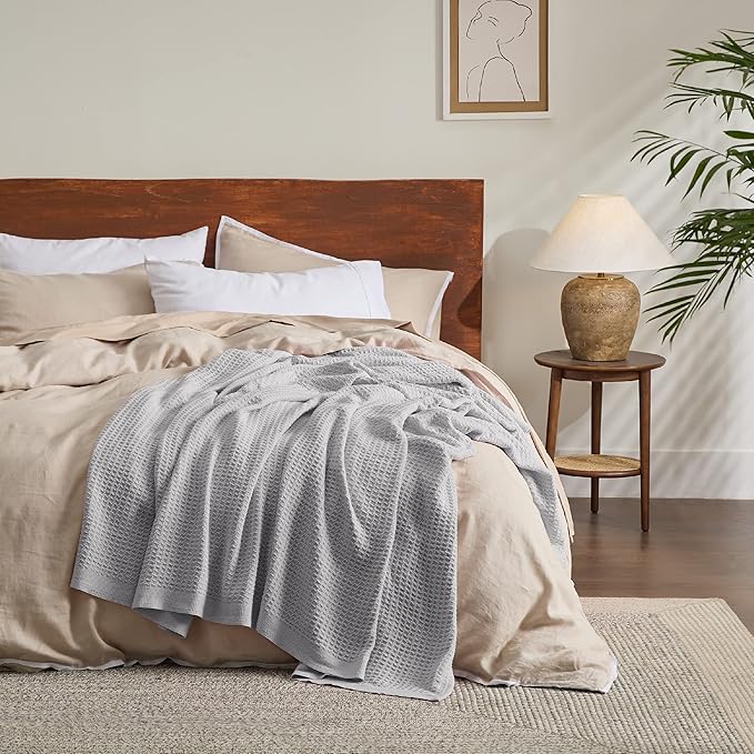Bedsure 100% Cotton Blanket King Size for Bed - Breathable and Soft, Waffle Weave Blanket for Summer Spring, Grey, 104x90 inches