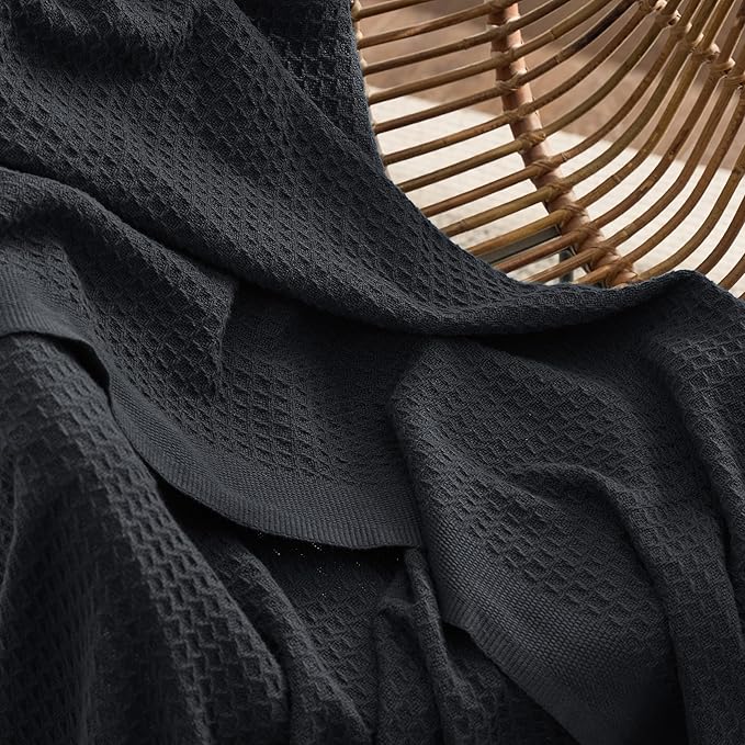 Bedsure 100% Cotton Blanket Queen Size for Bed - Breathable and Soft, Waffle Weave Blanket for Summer Spring, Black, 90x90 Inches