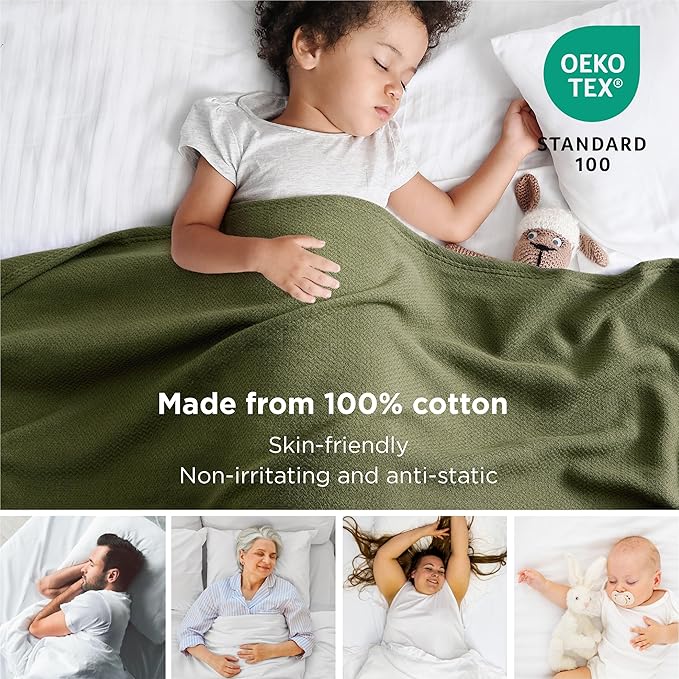 Bedsure 100% Cotton Blanket King Size for Bed - Breathable and Lightweight, Soft Cozy Textured Herringbone Woven Blanket for Summer Spring, Olive Green, 108x90 inches