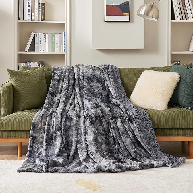Bedsure Sherpa Blanket Queen Size - Soft, Fuzzy & Fluffy Faux Fur - Warm, Cozy Blanket for Couch, Sofa and Bed, Tie Dye Design, Grey, 90x90 Inches