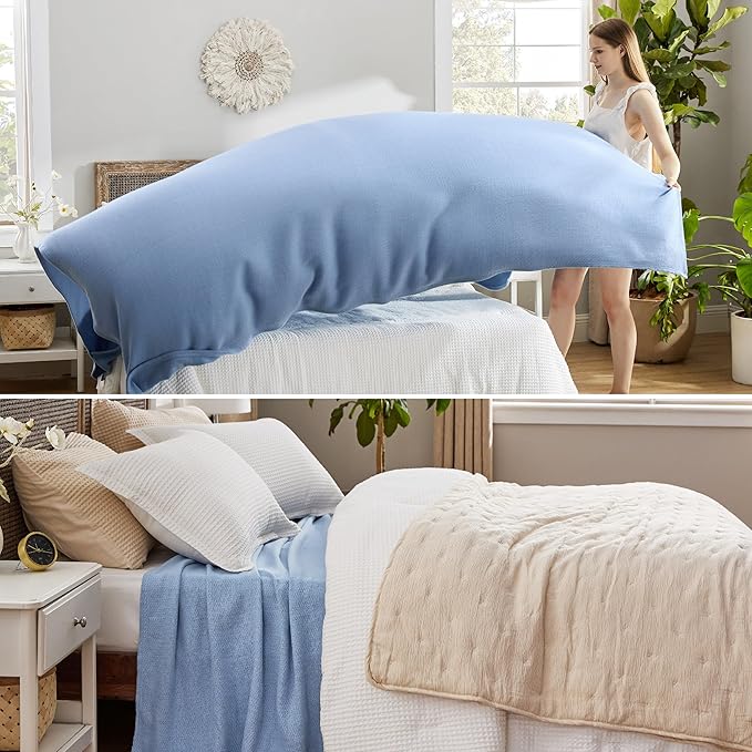Bedsure 100% Cotton Blanket Queen Size for Bed - Breathable and Lightweight, Soft Cozy Textured Herringbone Woven Blanket for Summer Spring, Ashley Blue, 90x90 inches