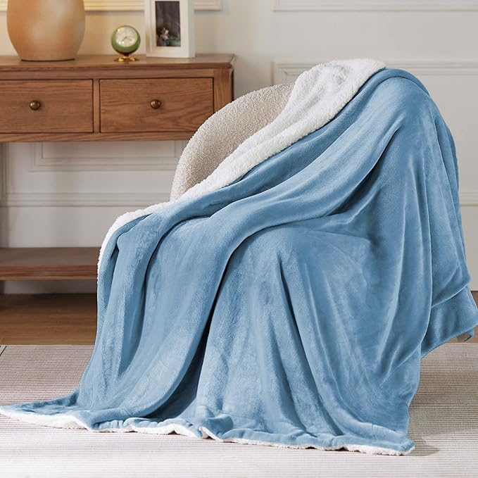 Bedsure Sherpa Fleece Washed Blue Throw Blanket for Couch - Thick and Warm, Soft Fuzzy Plush Throw Blanket for Winter, 50x60 Inches
