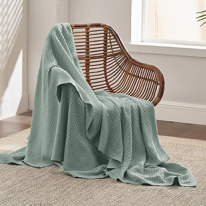 Bedsure 100% Cotton Blanket Twin XL Size for Bed - Breathable and Soft, Waffle Weave Blanket for Summer Spring, Sage Green, 66x90 inches