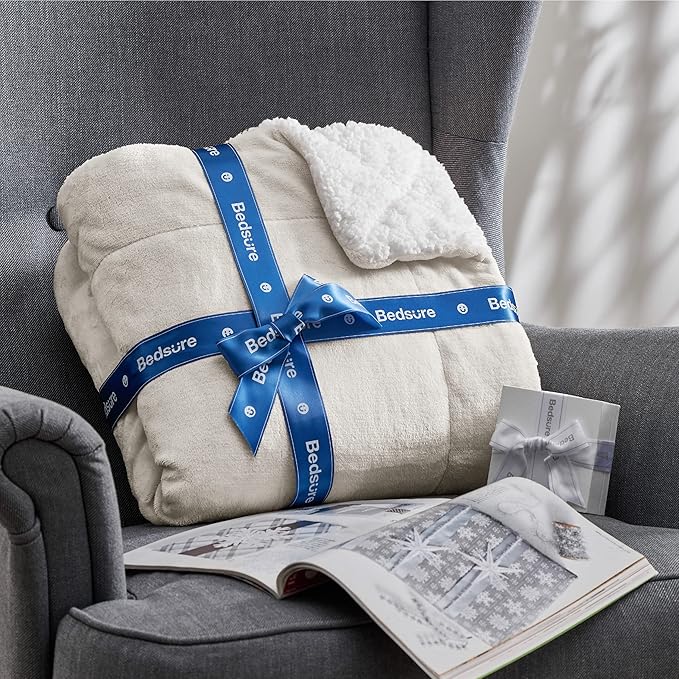 Bedsure Sherpa Fleece Throw Blanket Twin Size for Couch - Thick and Warm, Soft Fuzzy Plush Twin Blanket for Winter, Linen, 60x80 Inches