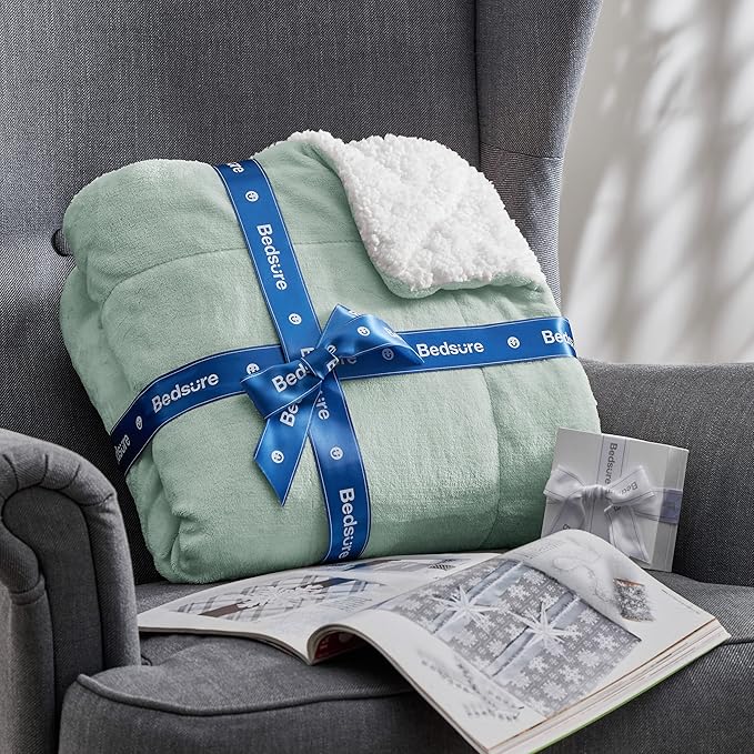 Bedsure Sherpa Fleece Throw Blanket Twin Size for Couch - Thick and Warm, Soft Fuzzy Plush Twin Blanket for Winter, Sage Green, 60x80 Inches