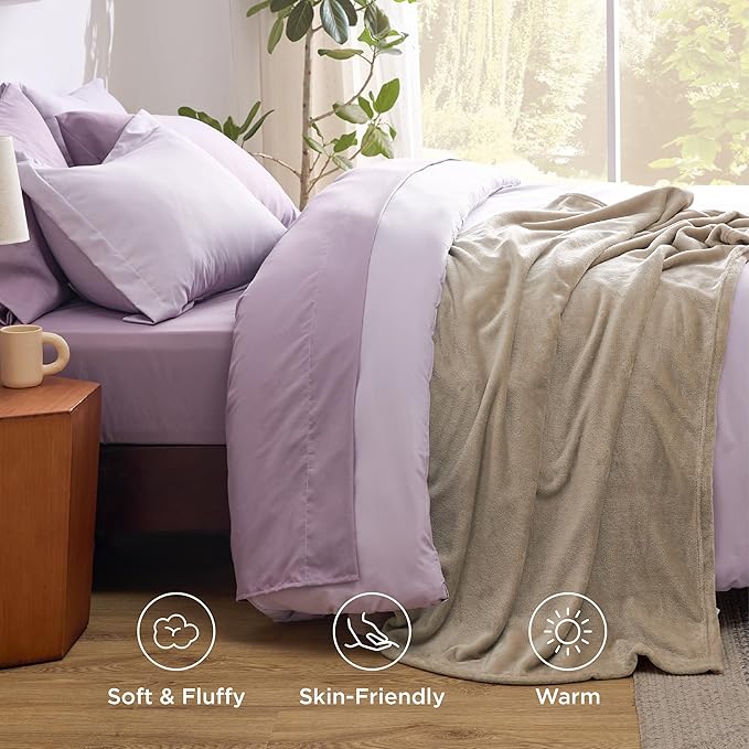 Bedsure Twin Comforter Set Grayish Purple, 6 Pieces Prewashed Twin Size Bed in a Bag with Soft Fleece Bed Blanket, Down Alternative Bedding Set for All Seasons, Sheets, Pillowcase & Sham
