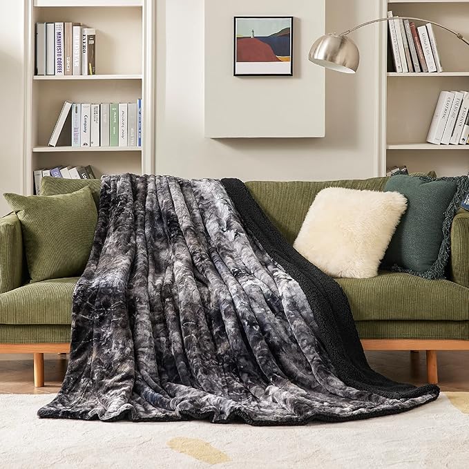 Bedsure Sherpa Blanket King Size - Soft, Fuzzy & Fluffy Faux Fur - Warm, Cozy Blanket for Couch, Sofa and Bed, Tie Dye Design, Black, 108x90 Inches