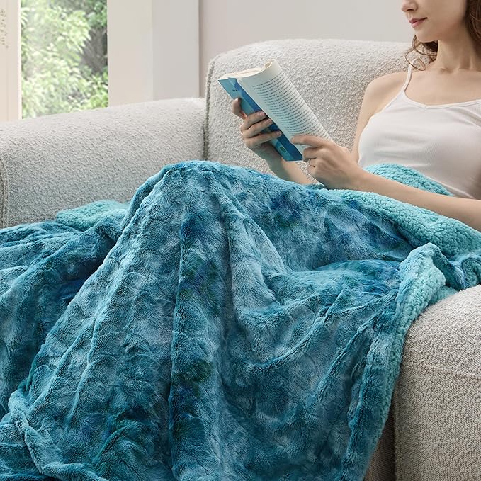 Bedsure Sherpa Blanket - Soft, Fuzzy & Fluffy Faux Fur - Warm, Cozy Throw Blanket for Couch, Sofa and Bed, Tie Dye Design, Teal, 50x60 Inches
