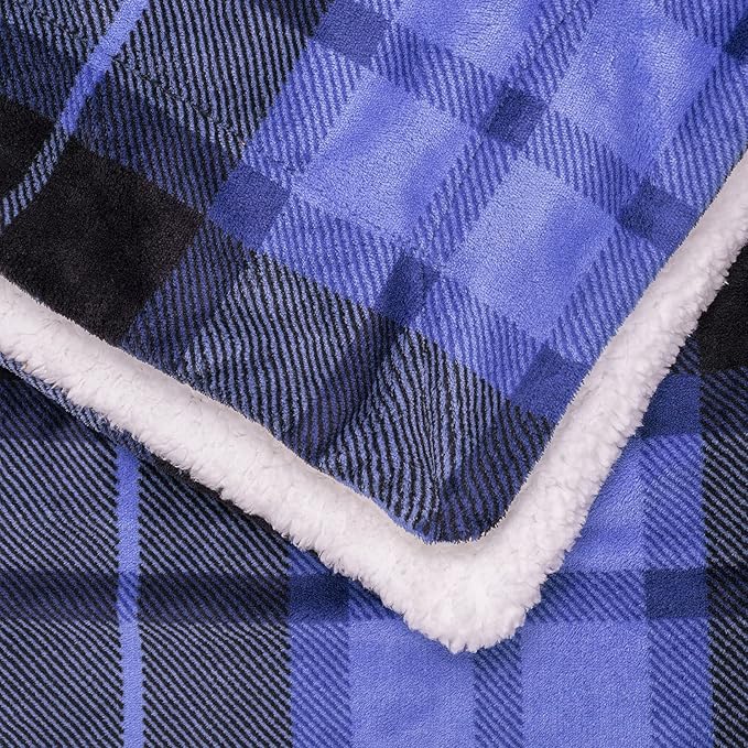 SOCHOW Sherpa Plaid Fleece Throw Blanket, Double-Sided Super Soft Luxurious Bedding Blanket 90 x 90 inches, Blue