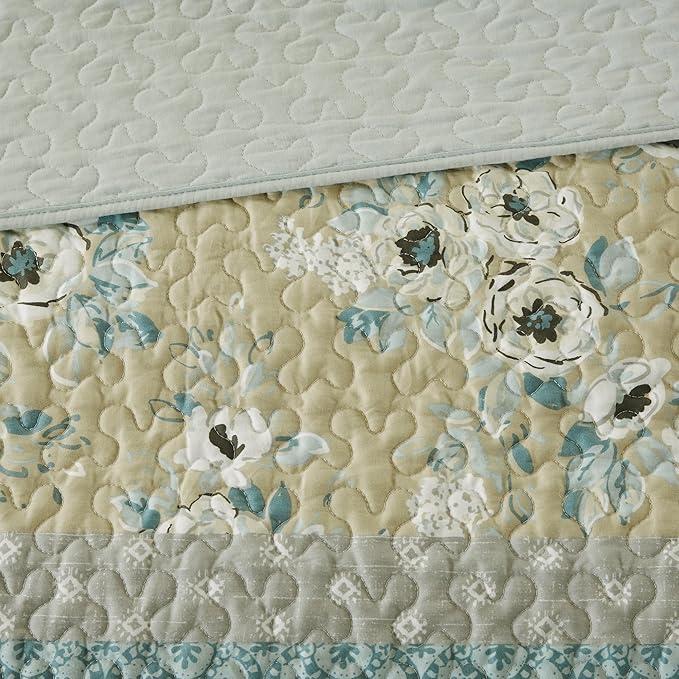 Madison Park 100% Cotton Quilt Set Floral Print, Double Sided Stitching, All Season, Lightweight Coverlet Shabby Chic Bedding Layer, Matching Shams, King/Cal King(104"x94"), Green Yellow 6 Piece