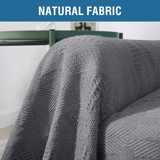 H.VERSAILTEX Cotton Sofa Covers Couch Cover Sofa Slipcover for Most Shape Sofas, Feature Thick Woven Jacquard Seamless with Tassels, Multi-Use Decorative for Couch (XX-Large: 91" x 134", Grey)