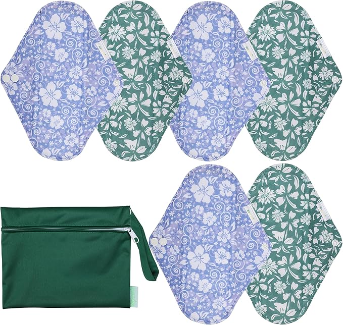 wegreeco Reusable Menstrual Pads - Reusable Sanitary Pads | Reusable Panty Liners | Soft Cloth Menstrual Pads - 6 Pack, 1 Cloth Wet Bag (in Full Bloom Flower, Medium)
