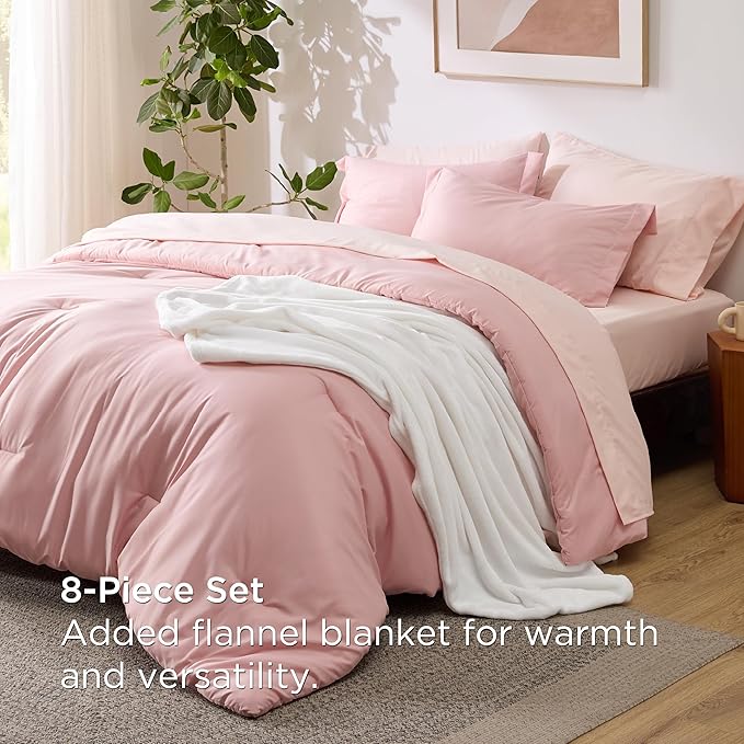 Bedsure Full Comforter Set Pink, 8 Pieces Prewashed Full Size Bed in a Bag with Soft Fleece Bed Blanket, Down Alternative Bedding Set for All Seasons, Sheets, Pillowcases & Shams