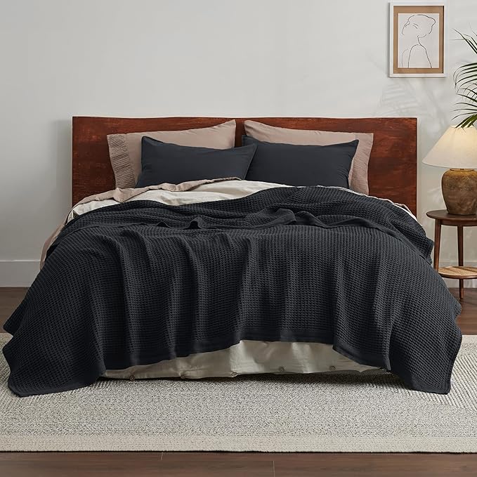 Bedsure 100% Cotton Blanket Queen Size for Bed - Breathable and Soft, Waffle Weave Blanket for Summer Spring, Black, 90x90 Inches