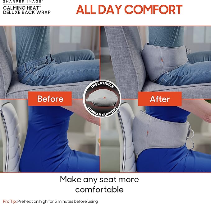 Calming Heat Back Wrap by Sharper Image- Cordless Electric Back Heating Pad, Inflatable Lumbar, Soothing Heat & Vibration- 27 Settings 3 Heat, 9 Vibration, 3 Lumbar Includes Portable Power Pack