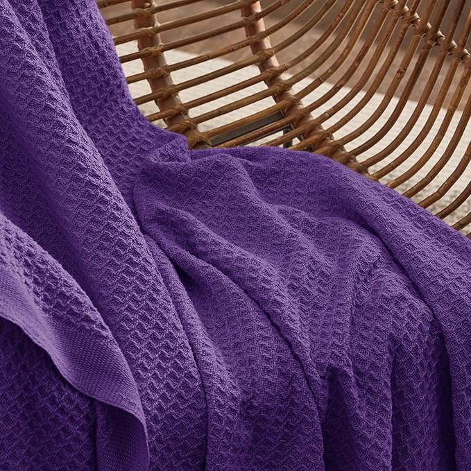 Bedsure 100% Cotton Blanket Twin XL Size for Bed - Breathable and Soft, Waffle Weave Blanket for Summer Spring, Purple, 66x90 inches