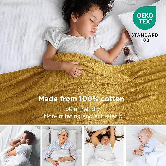 Bedsure 100% Cotton Blanket Twin XL Size for Bed - Breathable and Lightweight, Soft Cozy Textured Herringbone Woven Blanket for Summer Spring, Yellow, 66x90 inches