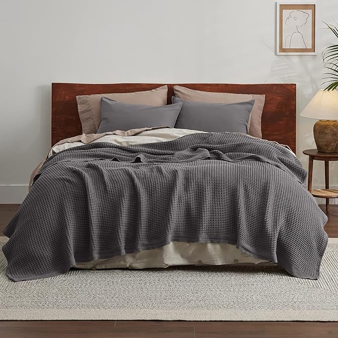Bedsure 100% Cotton Blanket Queen Size for Bed - Breathable and Soft, Waffle Weave Blanket for Summer Spring, Dark Grey, 90x90 Inches
