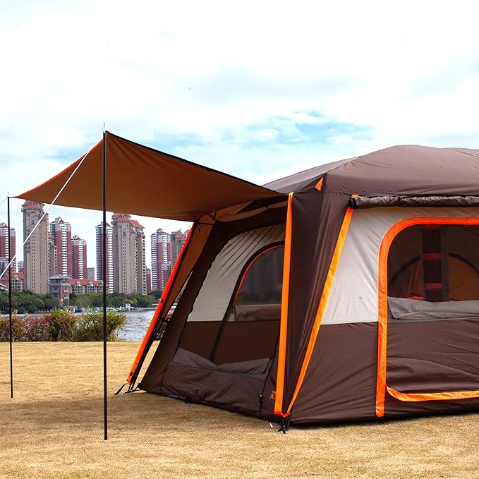 KTT Extra Large Tent 12 Person,2 Bay-Windows,Family Cabin Tents,14'Lx10'Wx6.58'H,2 Rooms and 3 Doors 3 Windows with Mesh,Waterproof,Straight Wall,Big Tent for Outdoor,Picnic,Camping,Gathering