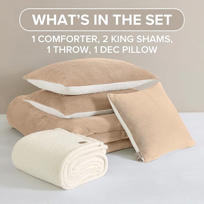 UGG Remina Comforter Set 5 Piece Bed in a Bag with Throw Blanket, Decorative Pillow, Shams, and Reversible Comforter Hypoallergenic Washable Luxury Plush Warm Fluffy Bedding Set, King, Brown Birch