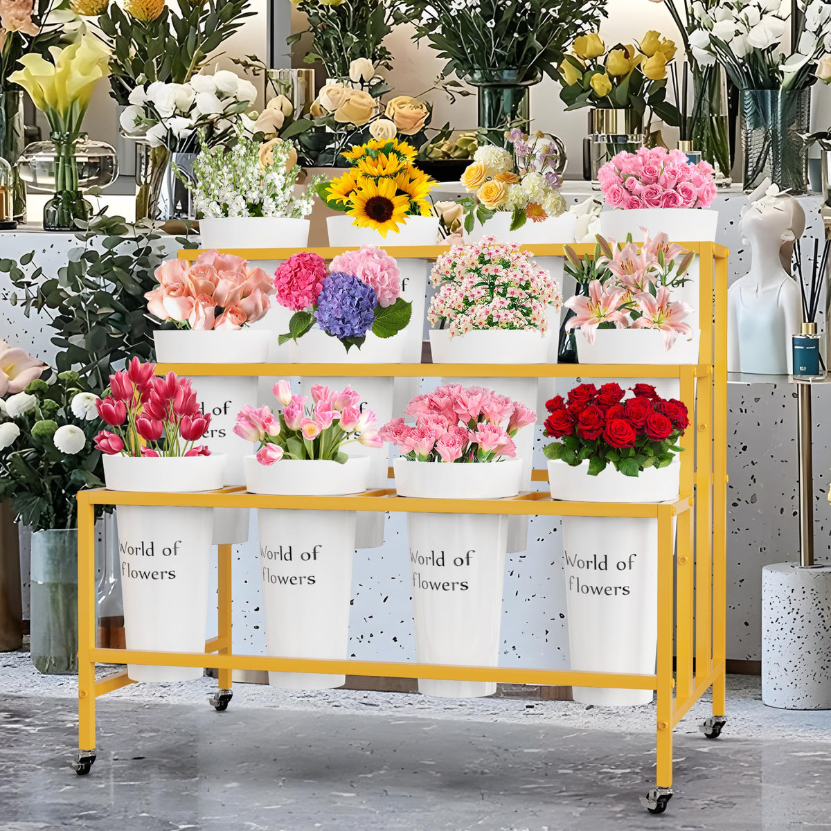 VGMiu Flower Display Stand with 12 Buckets, 3 Layers Flower Cart Gold Metal Flower Bar Stand with Wheels, Moving Florist Bouquet Shelf for Weddings Florist Indoor Outdoor Patio Garden Living Room