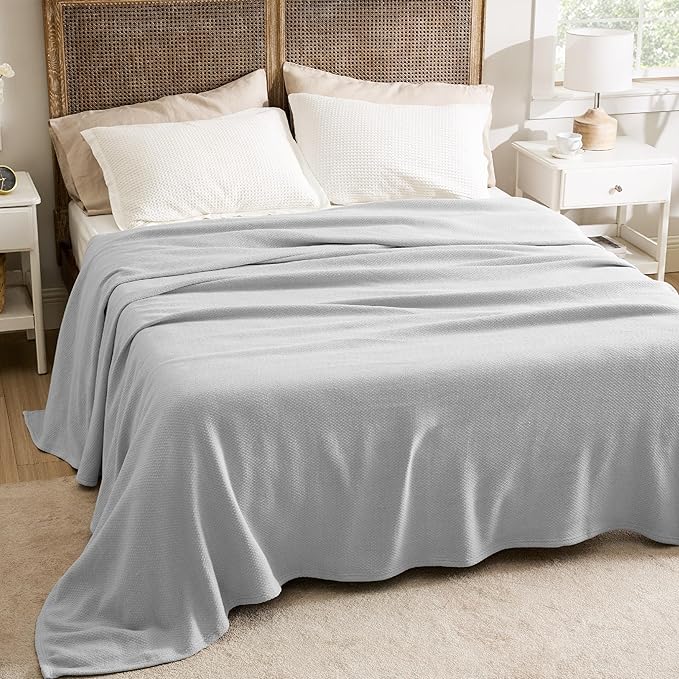 Bedsure 100% Cotton Blanket King Size for Bed - Breathable and Lightweight, Soft Cozy Textured Herringbone Woven Blanket for Summer Spring, Grey, 108x90 inches
