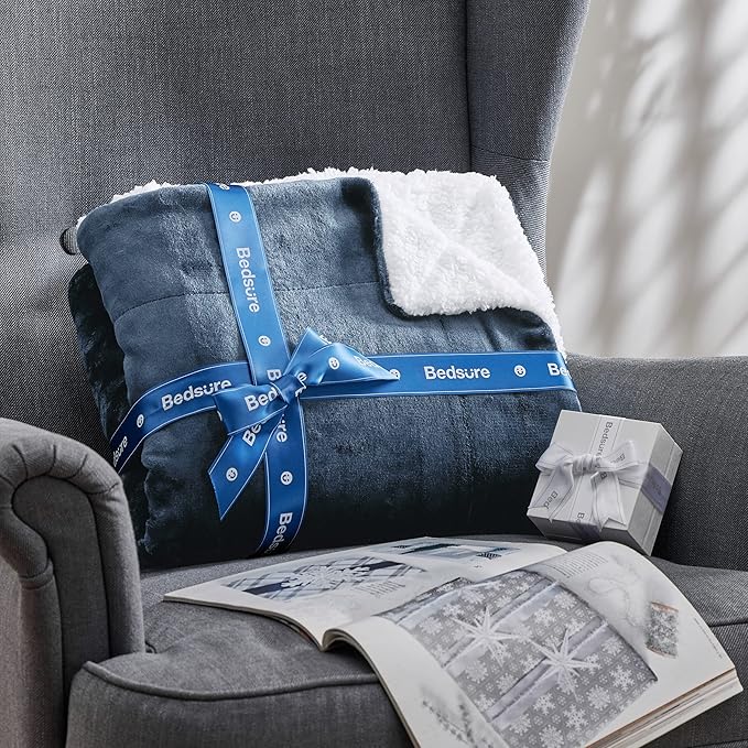 Bedsure Sherpa Fleece Throw Blanket for Couch - Thick and Warm, Soft Fuzzy Plush Throw Blanket for Winter, Slate Blue, 50x60 Inches